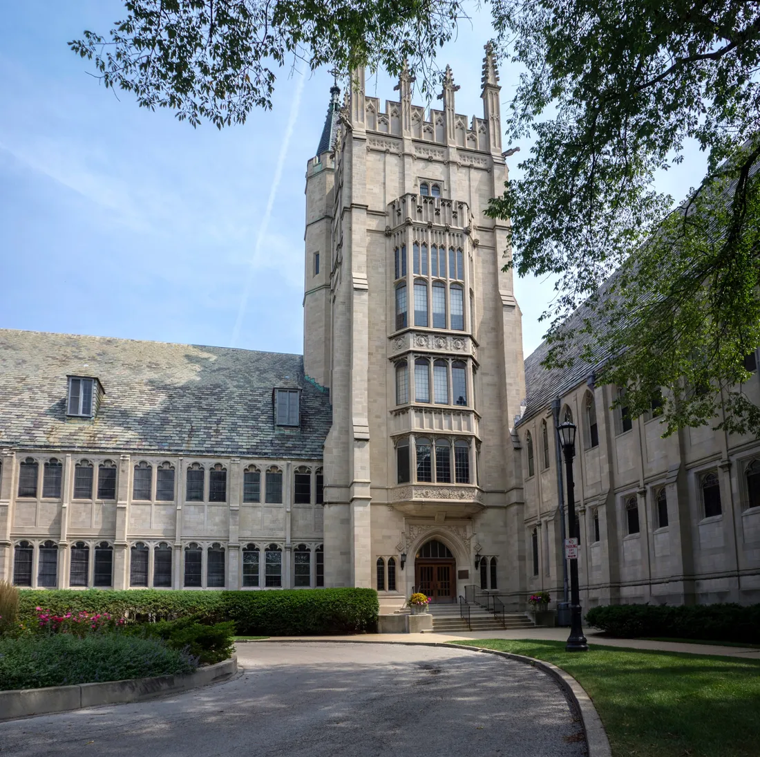The Gothic stone tower and entrance of Garrett-Evangelical Theological Seminary in Evanston, Illinois.