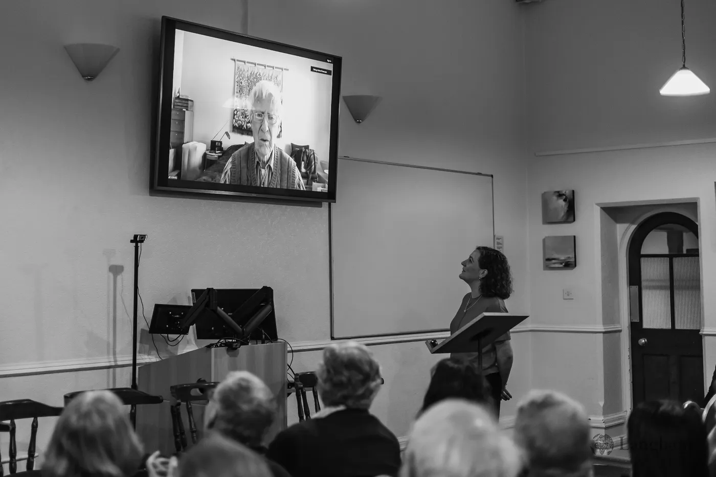 Dr. Bethan Willis interviewing Nicholas Wolterstorff, who joins live on screen from the US.
